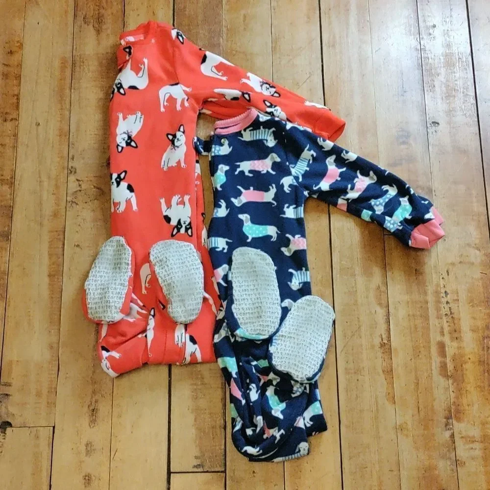 Carters fleece pajamas 3T footie pajamas Orange Blue Dogs Warm Bundle